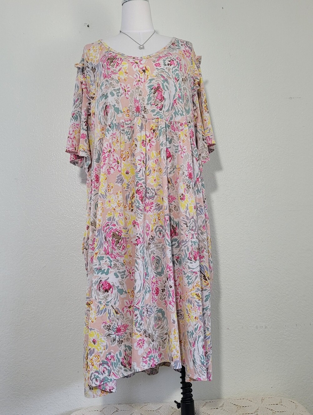 SPLA Women's Plus Size 3XL Pastel Floral Maxi Dress Pink, Yellow & Mint